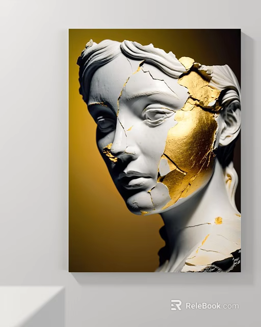 Abstract Modern Painting Of Cracked White Statue Head With Gold Details 3d model 