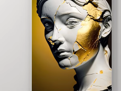 Abstract Modern Painting Of Cracked White Statue Head With Gold Details 3d model