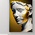 Abstract Modern Painting Of Cracked White Statue Head With Gold Details