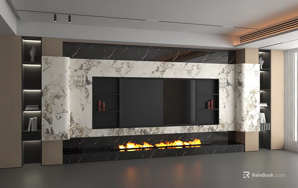 Modern TV Wall Design With Marble Accents Fireplace And Side Storage Shelves 3d model 
