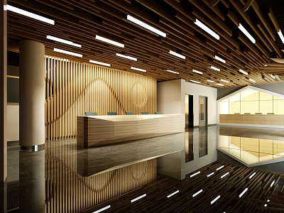Modern Reception Area With Wooden Paneling Ceiling Lights Polished Floor And Large Windows 3d model
