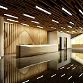 Modern Reception Area With Wooden Paneling Ceiling Lights Polished Floor And Large Windows