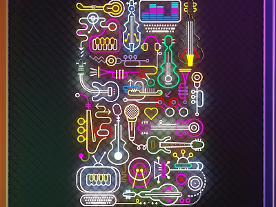 Colorful Neon Decorative Lights Featuring Musical Elements Guitar And Microphone 3d model