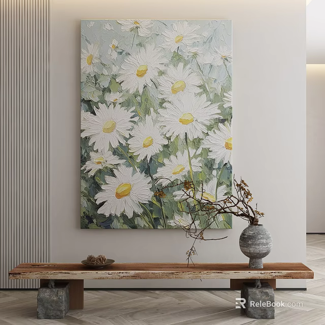 Botanical Painting of White Daisies Hanging on Wall with Wooden Table and Vase 3d model 