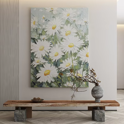 Botanical Painting of White Daisies Hanging on Wall with Wooden Table and Vase 3d model