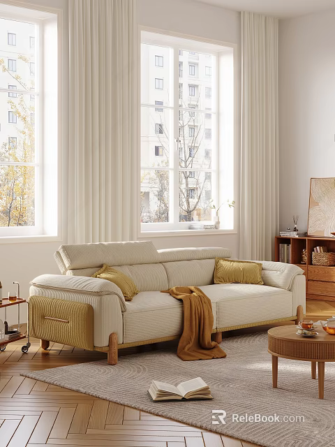 Comfortable Modern Double Sofa With Yellow Pillows And Brown Throw Blanket In Bright Living Room 3d model 