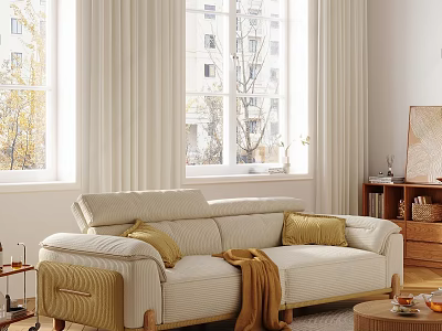 Comfortable Modern Double Sofa With Yellow Pillows And Brown Throw Blanket In Bright Living Room 3d model