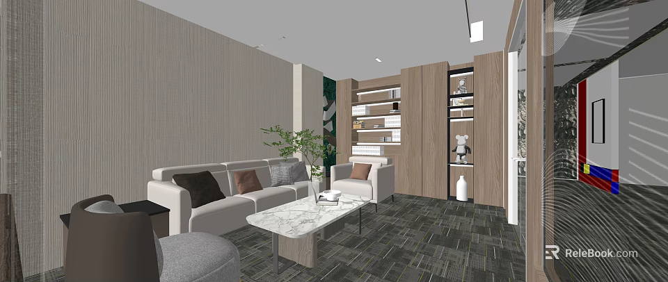 Modern Office Interior With Sofa Marble Coffee Table Wooden Bookshelves And Green Plant 3d model 