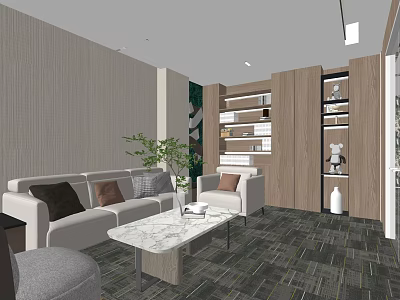 Modern Office Interior With Sofa Marble Coffee Table Wooden Bookshelves And Green Plant 3d model