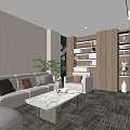 Modern Office Interior With Sofa Marble Coffee Table Wooden Bookshelves And Green Plant