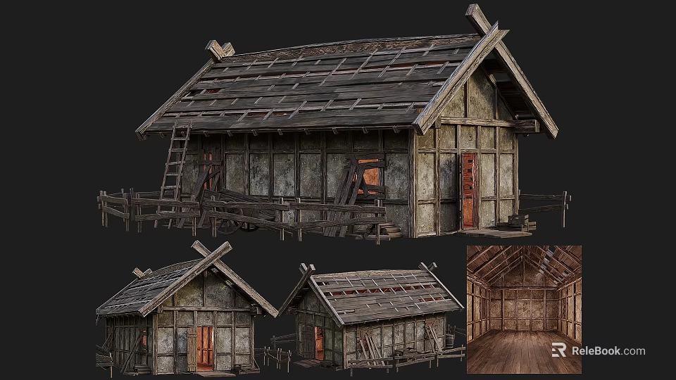 Ancient Traditional Wooden Building With Tile Roof Wooden Fence And Interior Structure 3d model 