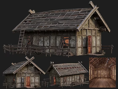 Ancient Traditional Wooden Building With Tile Roof Wooden Fence And Interior Structure 3d model
