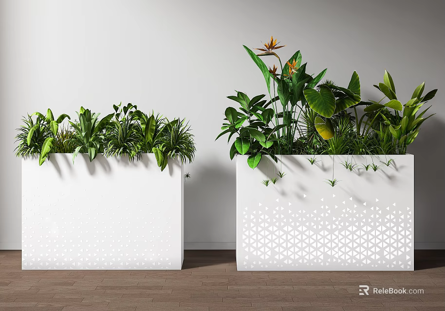 White Planters With Various Green Plants And Decorative Patterns Indoor 3d model 