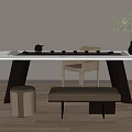Modern Minimalist Tea Table and Chairs with Marble Top Tea Tray and Bench Ottoman