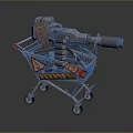 Futuristic Gatling Gun Placed in Shopping Cart With Ammunition Belts And Warning Signs