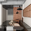 Modern Industrial Café Interior With Large Windows Wooden Bar And Pendant Lights