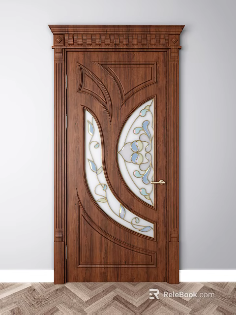 Wooden Hinged Door With Decorative Stained Glass Panels And Golden Handle 3d model 