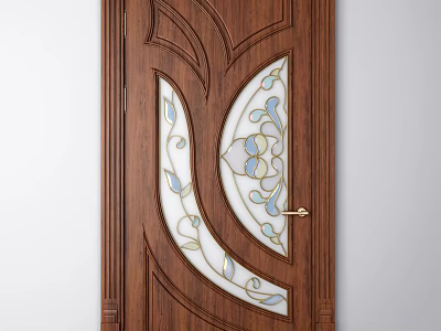 Wooden Hinged Door With Decorative Stained Glass Panels And Golden Handle 3d model