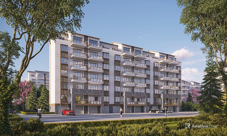 Modern Multi storey Residential Building with Greenery Balconies and Community Road 3d model 