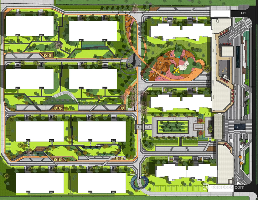 Residential Landscape Design With Multiple Buildings Green Spaces Central Garden and Pathways 3d model 