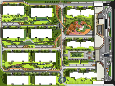 Residential Landscape Design With Multiple Buildings Green Spaces Central Garden and Pathways 3d model