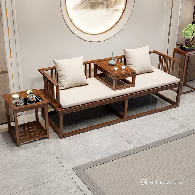 Classic Chinese Arhat Bed With Solid Wood Frame Beige Cushions And Side Tables 3d model 