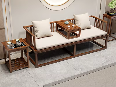 Classic Chinese Arhat Bed With Solid Wood Frame Beige Cushions And Side Tables 3d model