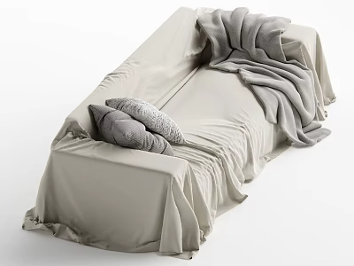 Beige Sectional Sofa with Gray Pillows and Cozy Blanket in Minimalist Living Room Design 3d model