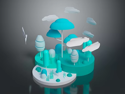 Modern 3D Scenic Model With Abstract Trees Floating Clouds And Circular Platform 3d model
