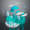 Modern 3D Scenic Model With Abstract Trees Floating Clouds And Circular Platform
