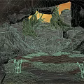 Cave Landscape With Rocky Walls Twisted Roots And Orange Light Through Opening