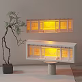 Traditional Style Decorative Lights Illuminating Miniature Buildings with Warm Yellow Glow and Potted Green Plant