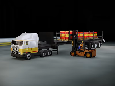 Heavy Duty Industrial Flatbed Truck Loading Yellow Red Cargo With Forklift Operator 3d model