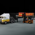 Heavy Duty Industrial Flatbed Truck Loading Yellow Red Cargo With Forklift Operator