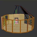 Circular Wooden Building With Open Interior Fireplace Sloped Roof And Railing