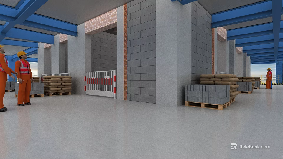 Industrial Warehouse Interior With Concrete Walls Blue Beams And Pallet Stacks 3d model 