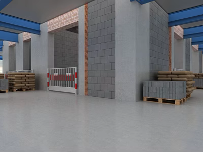 Industrial Warehouse Interior With Concrete Walls Blue Beams And Pallet Stacks 3d model