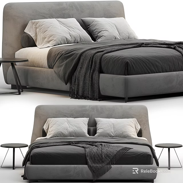 Modern Gray Double Bed with Soft Pillows Cozy Blanket and Side Tables 3d model