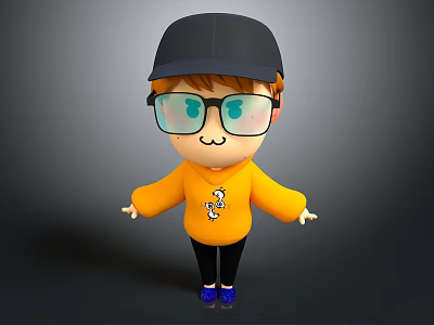 Cartoon Style 3D Game Movie Character With Black Cap Glasses Yellow Sweater And Blue Shoes 3d model