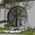 Traditional Karesansui Garden With Circular Lattice Window Rock Formations Moss And Small Plants