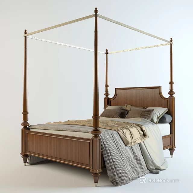 Wooden Four Poster Double Bed With Elegant Headboard And Soft Bed Linens 3d model 
