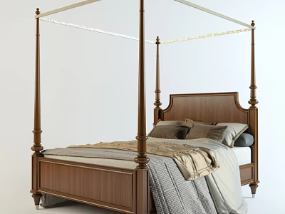 Wooden Four Poster Double Bed With Elegant Headboard And Soft Bed Linens 3d model