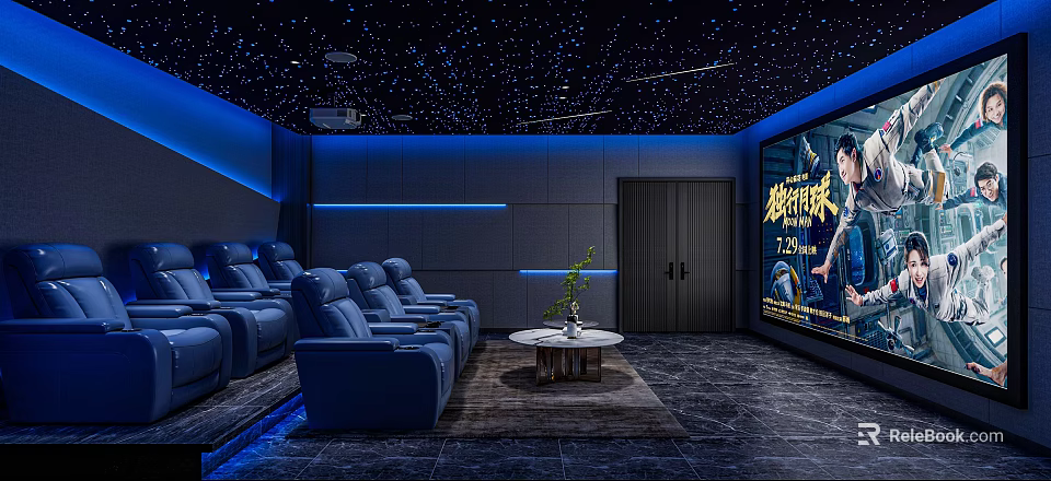 Modern Home Theater With Starry Ceiling Blue Lighting Leather Sofas And Large Screen 3d model 