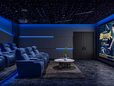 Modern Home Theater With Starry Ceiling Blue Lighting Leather Sofas And Large Screen 3d model
