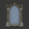 Detailed Decorative Arched Stone Door Frame With Blue Diamond Lattice Glass