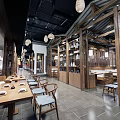 Traditional Chinese Style Restaurant With Wooden Decor Hanging Lanterns Long Tables And Benches