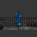 Round Stone Platform Scene With Black Iron Railing Blue Cello Red Stool And Dog Bed