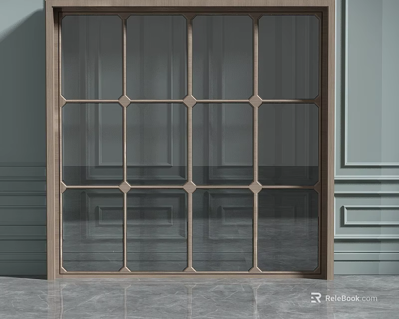Geometric Lattice Glass Door With Wooden Frame Light Gray Walls And Gray Flooring 3d model 