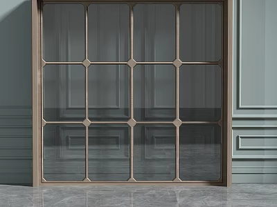 Geometric Lattice Glass Door With Wooden Frame Light Gray Walls And Gray Flooring 3d model