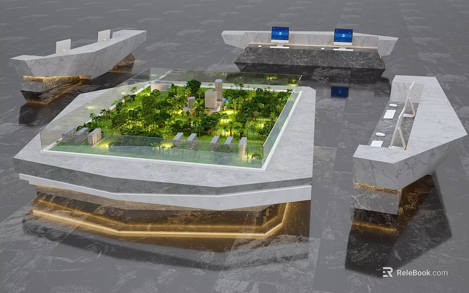 Modern Geometric Architecture With Central Green Courtyard Glass Roof And Reflective Surface Design 3d model 